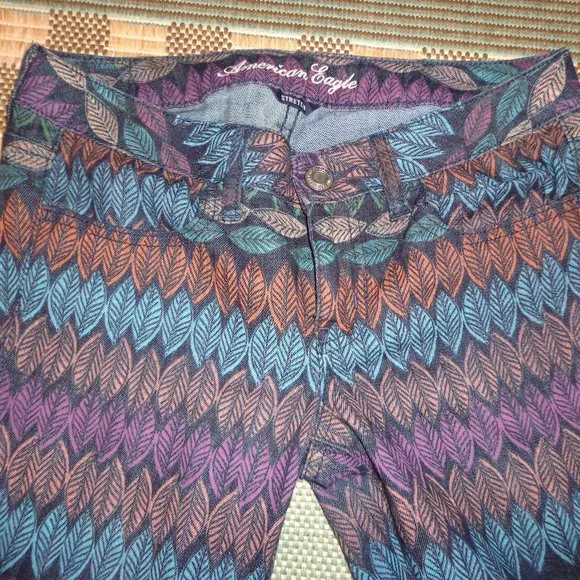American Eagle Outfitters Stretch Jeggings 4 Leaf/Feather Multicolored Zip Leg - Picture 2 of 16